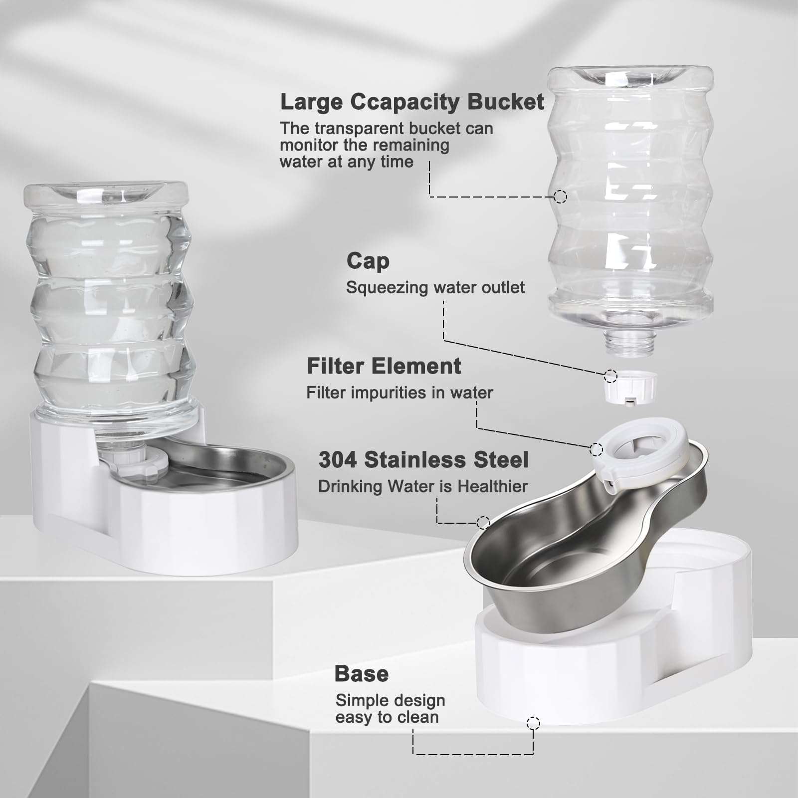 RIZZARI Automatic Pet Waterer - 6L Stainless Steel Gravity Dispenser, BPA-Free, for Cats & Small to Medium Dogs, White