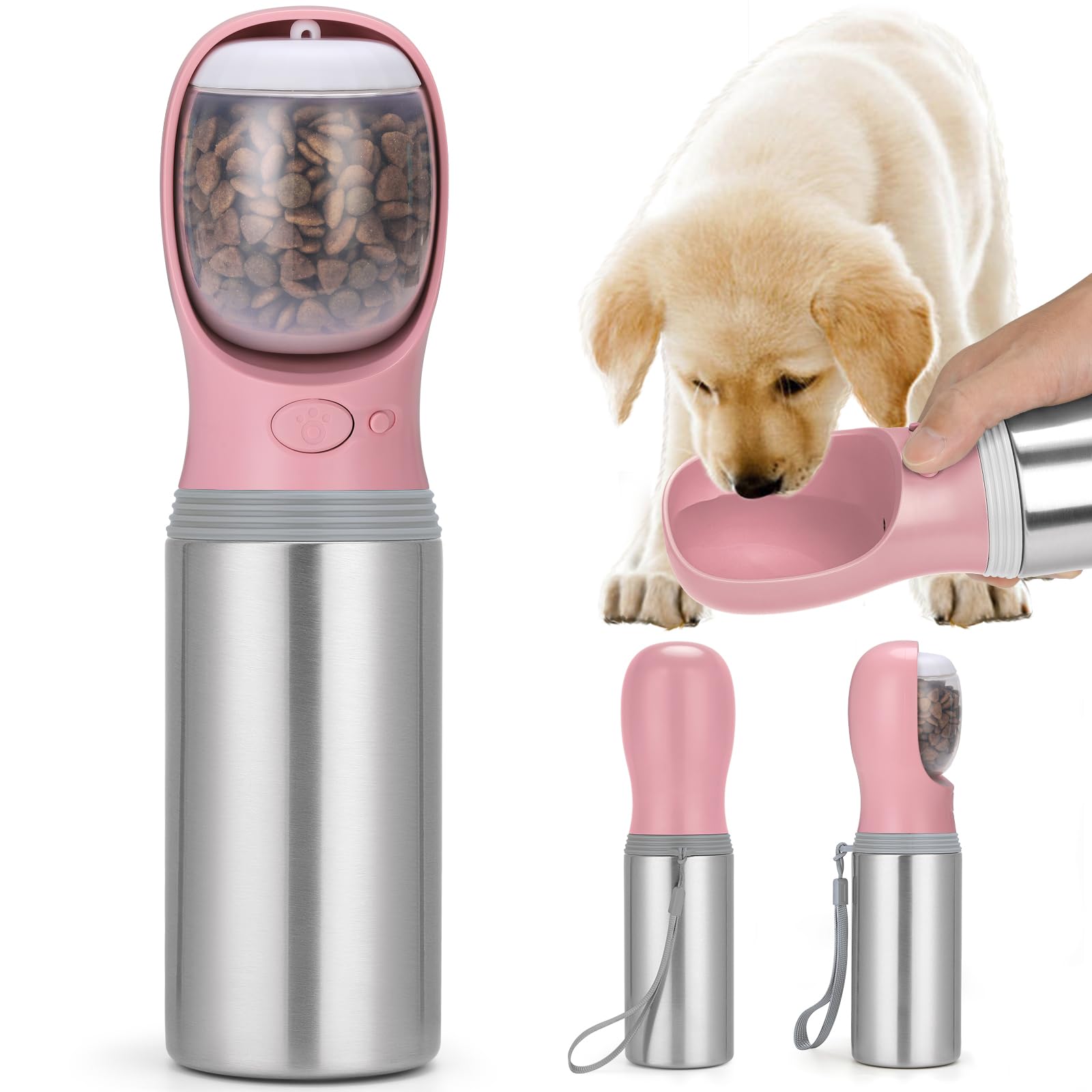 Portable Dog Water Bottle with Food Container, 14 OZ, Stainless Steel Leak Proof Puppy Water Dispenser with Drinking Feeder for