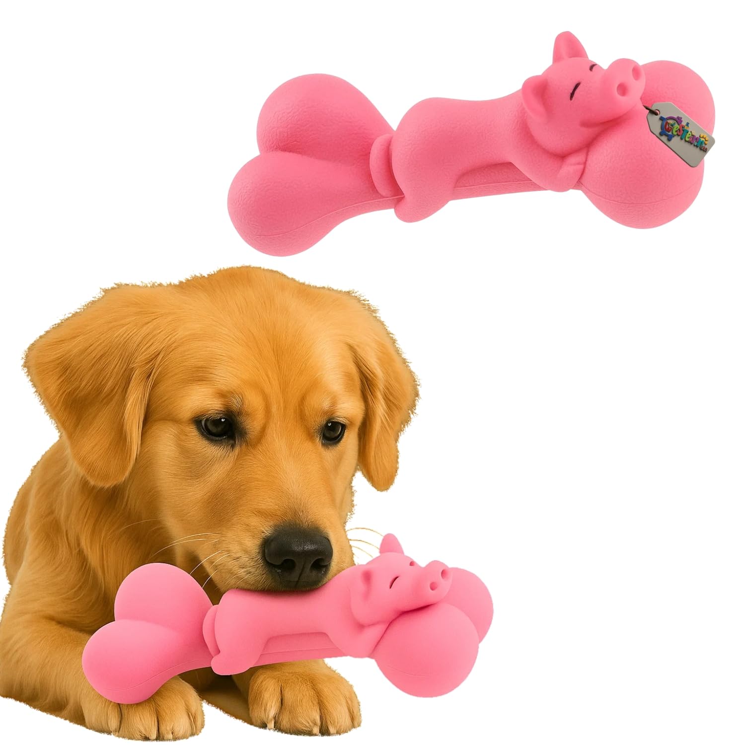 Western Era Pig On Bone Dog Squeaky Toy | Cute Pink Pig Chew Toy For Dogs | Bone Shape With Cartoon Pig Design | Interactive Squ