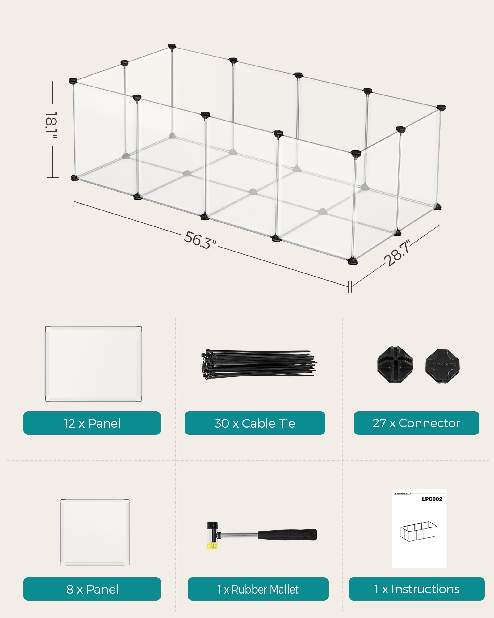 SONGMICS Pet Playpen, DIY Plastic Enclosure for Small Animals, 56.3"x28.7"x18.1", White, Model ULPC02W