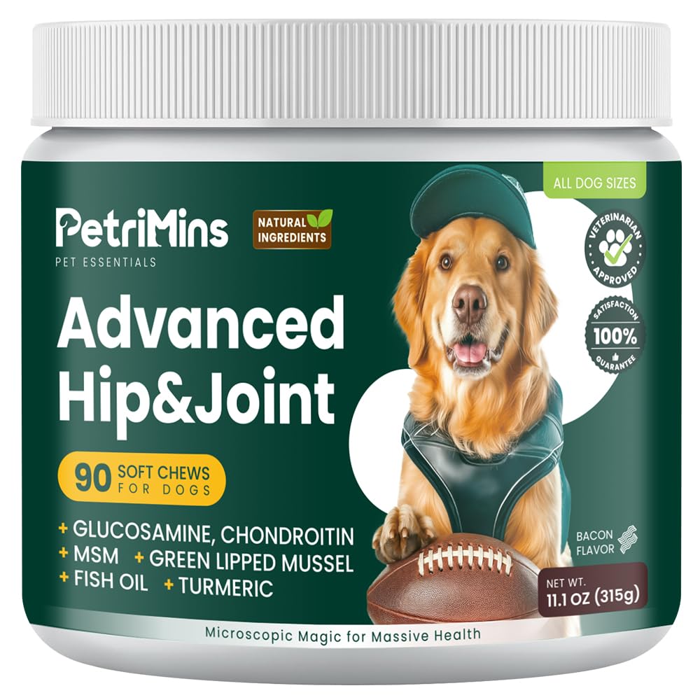 PetriMins Advanced Hip & Joint Supplement for Dogs with Glucosamine and Chondroitin, for Dogs Glucosamine, Organic Turmeric, Egg
