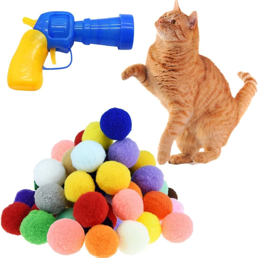Kutkut 51Pcs Cat Ball Toy Launcher Gun, Cat Balls Fetch Toy, 50Pcs Plush Fuzzy Balls Launcher Cats Toys For Cats With 1 Gun,Funn