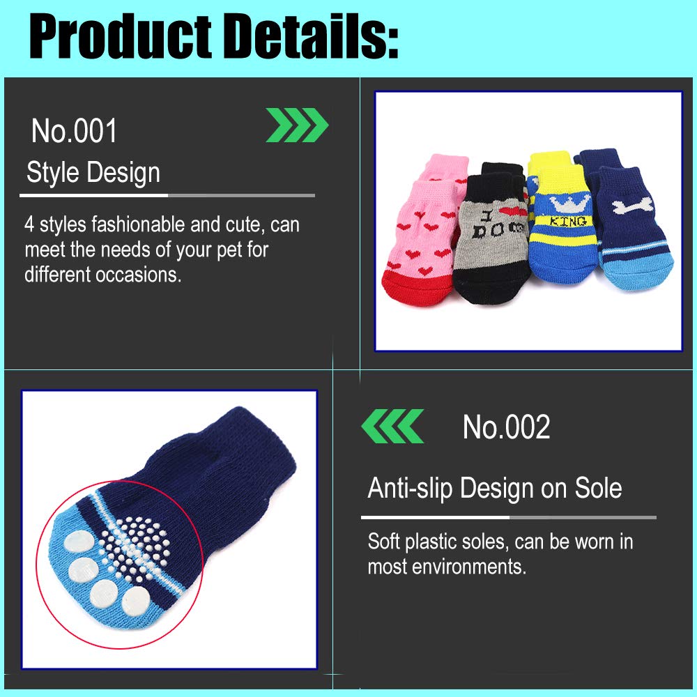 4 Pairs Anti-Slip Dog Socks And Cat Socks With Rubber Reinforcement And 8 Small Straps, Indoor Wear Pet Paw Protector For Hardwood Floors Cat Dogs Style 3 (M)