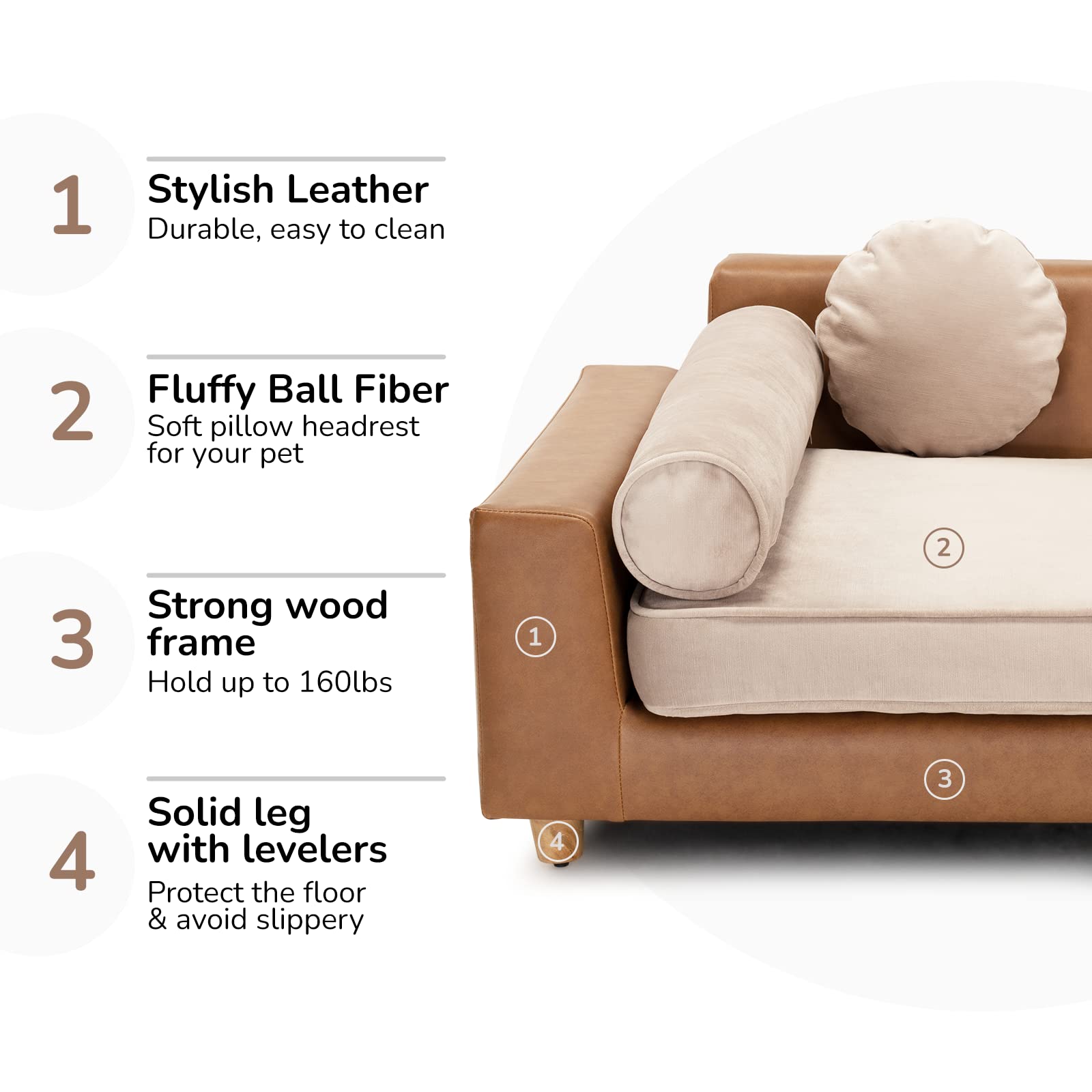 Dcee Luxury Large Dog Sofa Bed, Holds 160 Lbs, 42 In. Luxury Leather Dog Couches With Removable Washable Velvet Cushion For Comf
