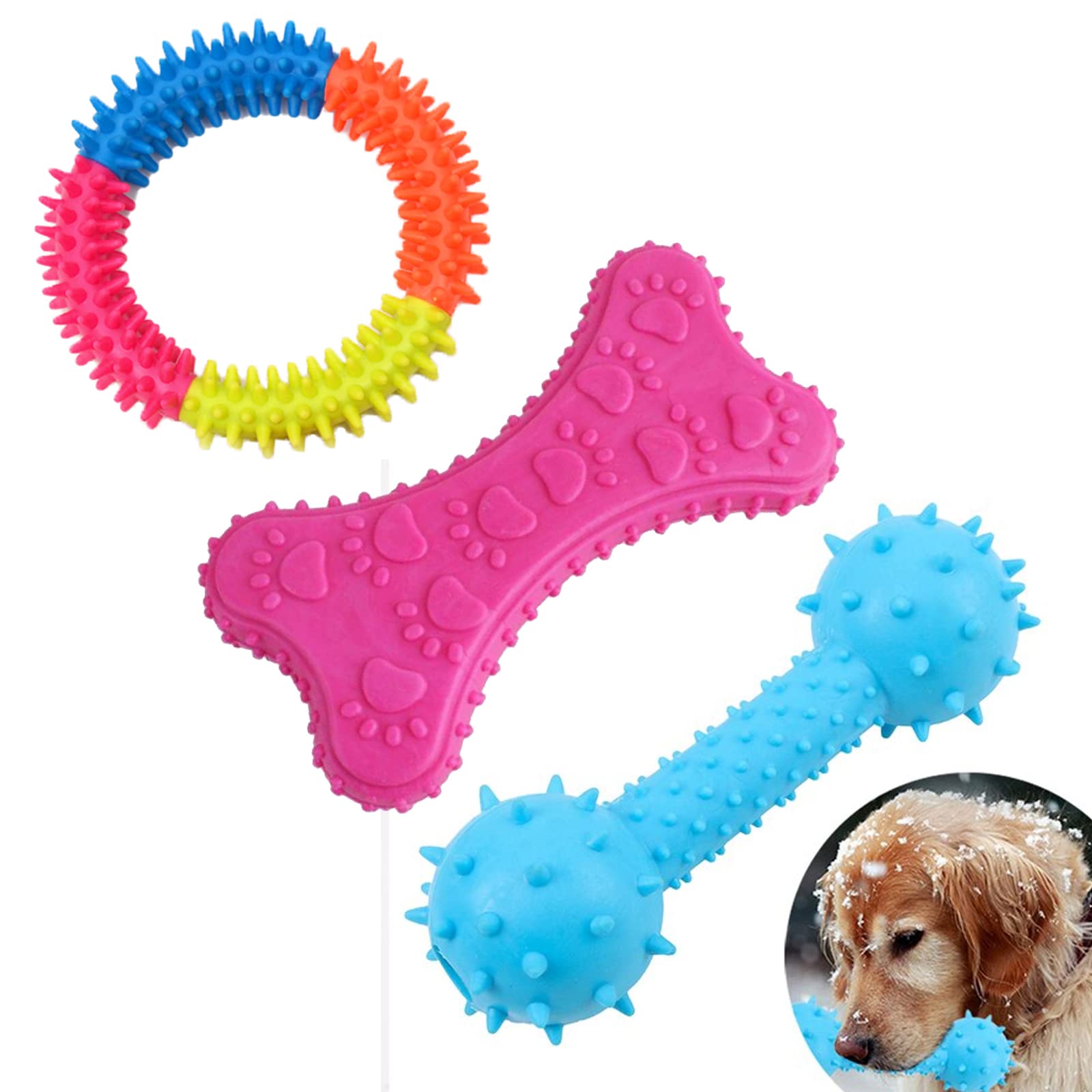 Emily Pets Dog Chew Toys Pack 3, Dog Toys For Aggressive Chewers Small Breed Teeth Cleaning And Gum Massage Natural Rubber Toys 