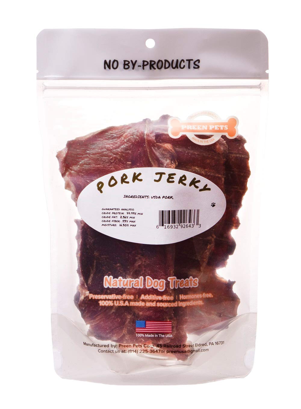 Preen Pets Pork Jerky Dog Treats - 100% USA Pork Loin (1 Pound)