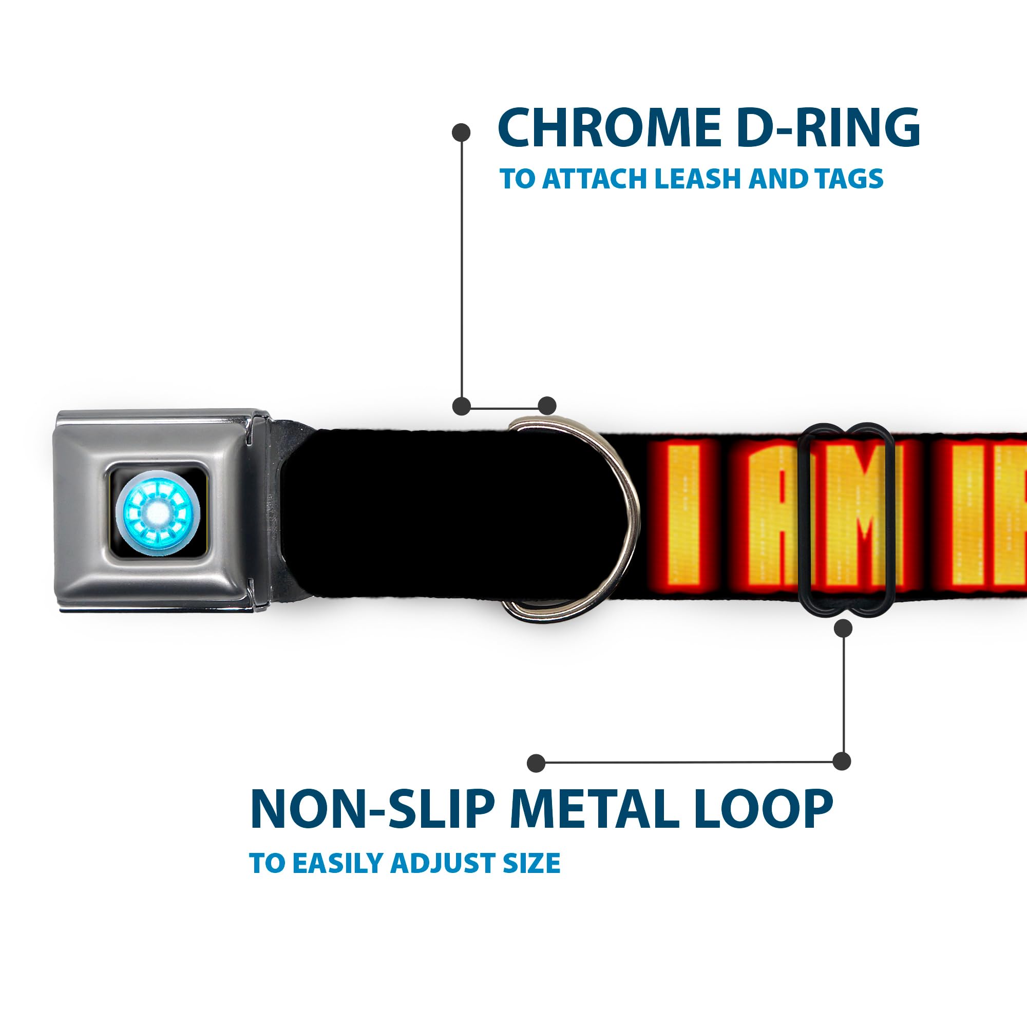 Buckle-Down Seatbelt Buckle Dog Collar - Iron Man Face/I Am Iron Man Black/Yellow Glow - 1' Wide - Fits 15-26' Neck - Large