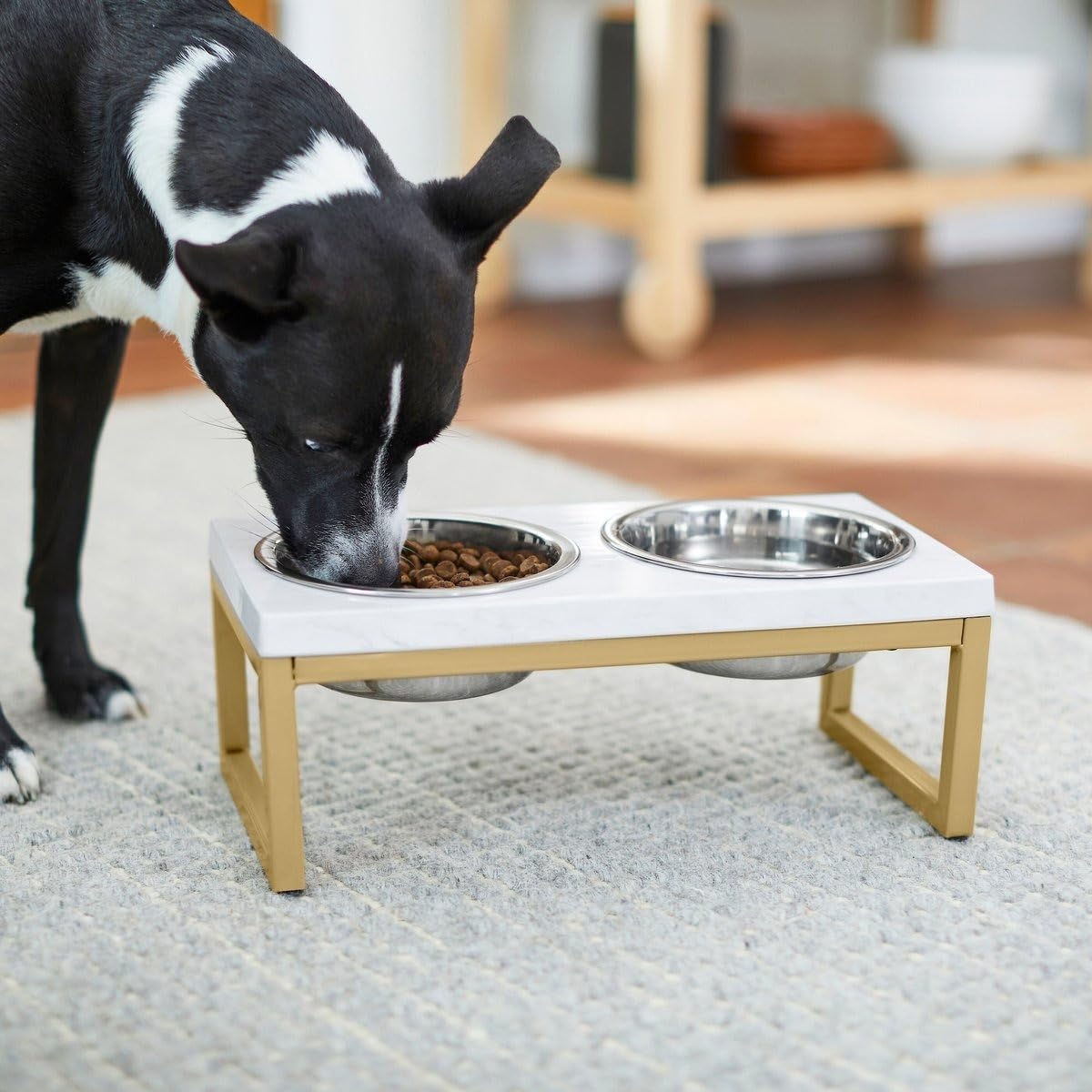Emiwud Furniture Metal Frame Wooden Top Pet Feeding Station | Modern Dog Bowl Stand | Dog Feeding Station | Pet Food Bowl With 2