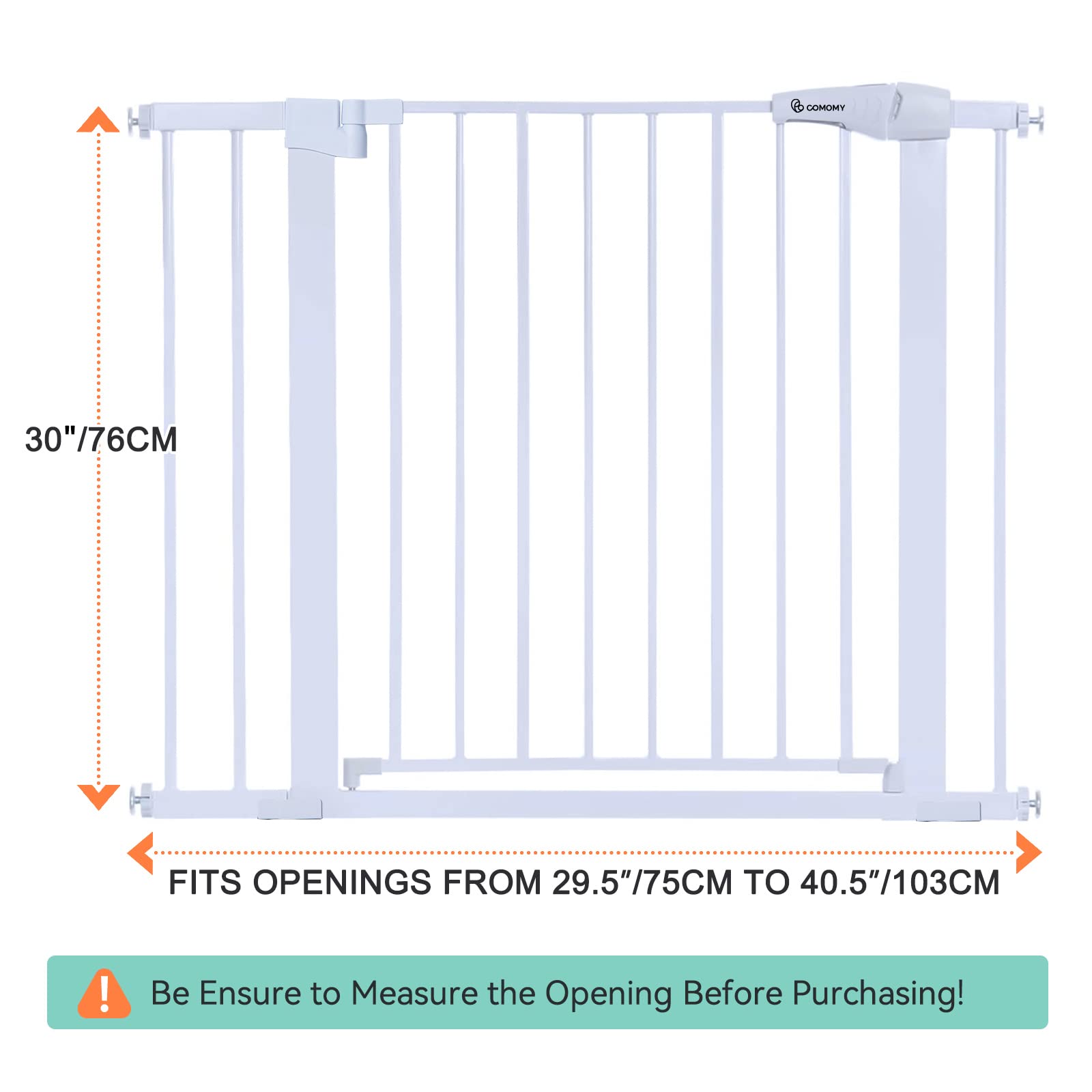 COMOMY Extra Wide Baby Gate, 30" Tall x 40.5" Wide, White Metal, Auto Close Dog Gate for Doorways, Stairs, Includes 4 Wall Cups &