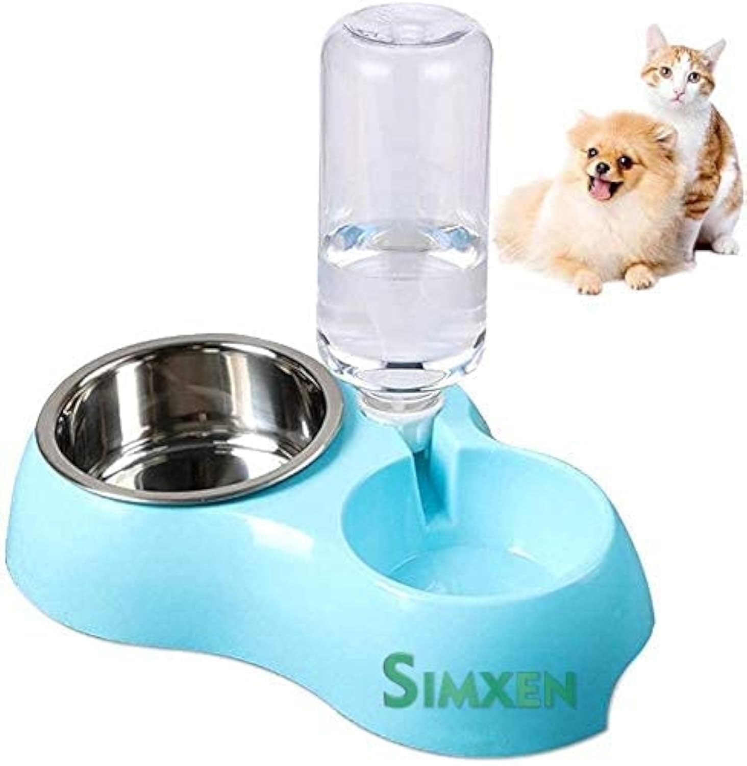 Simxen Dual Pets Bowls, Detachable Stainless Steel Bowl For Dog With NonSlip No Spill Base, Pets Food Bowl With Automatic Water