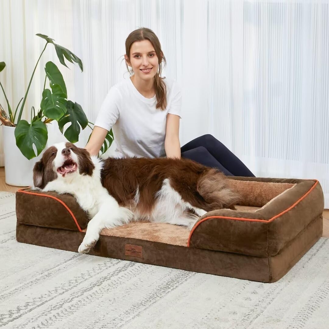 Comfort Expression Cooling Dog Bed Orthopedic, Memory Foam Dog Bed For Large Dogs, Waterproof Dog Beds, Washable Dog Bed With Removable Cover,Pet Bed Dog Sofa With Bolster(Large,Khaki Brown)