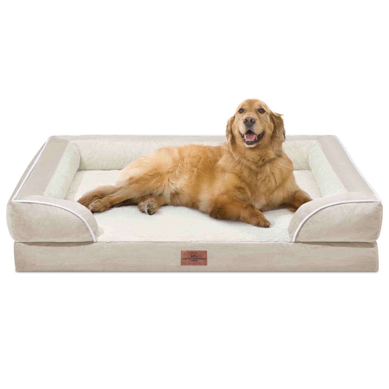 Comfort Expression Xl Dog Beds For Extra Large Dogs, Waterproof Orthopedic Dog Bed With Bolster, Washable Dog Bed Sofa With Removable Cover & Non-Slip Bottom(X-Large,Beige)