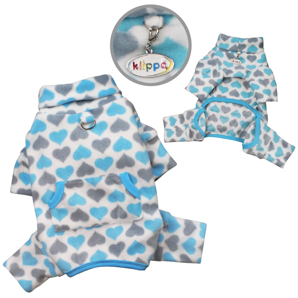 Klippo Dog/Puppy Blue & Grey Hearts Fleece Turtleneck Pajamas/Bodysuit/Loungewear/Coverall/Jumper/Romper For Small Breeds (L)