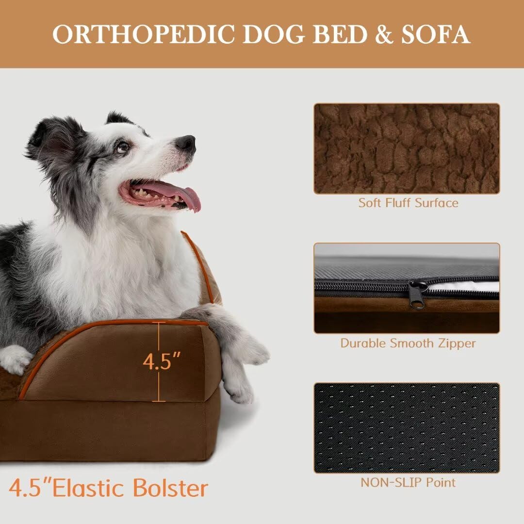 Comfort Expression Large Dog Beds Orthopedic Foam, Waterproof Dog Beds For Large Dogs, Comfy Pet Bed Sofa With Washable Removable Cover & Non-Slip Bottom(Large,Chocolate Brown)
