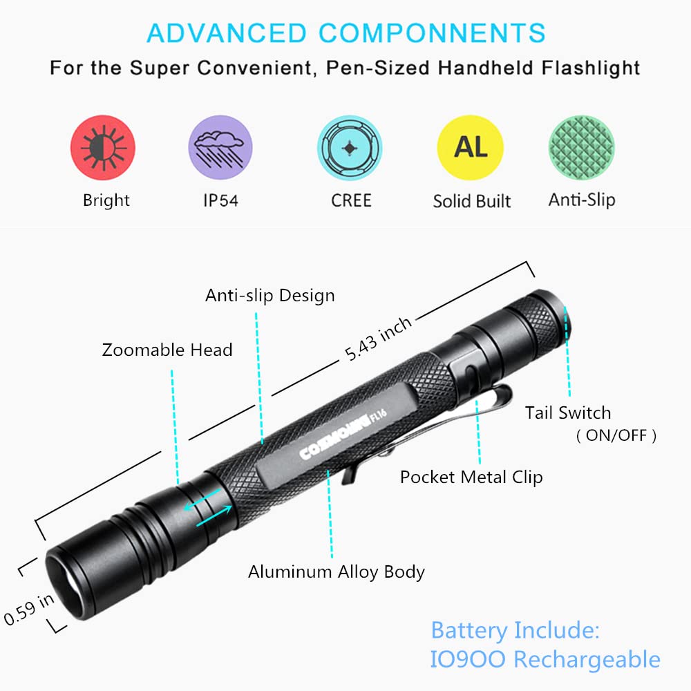 COSMOING Rechargeable UV Flashlight, 395nm Blacklight, IP54 Waterproof, Model FL16R-UV, Zoomable for Detecting Pet Stains and Insects