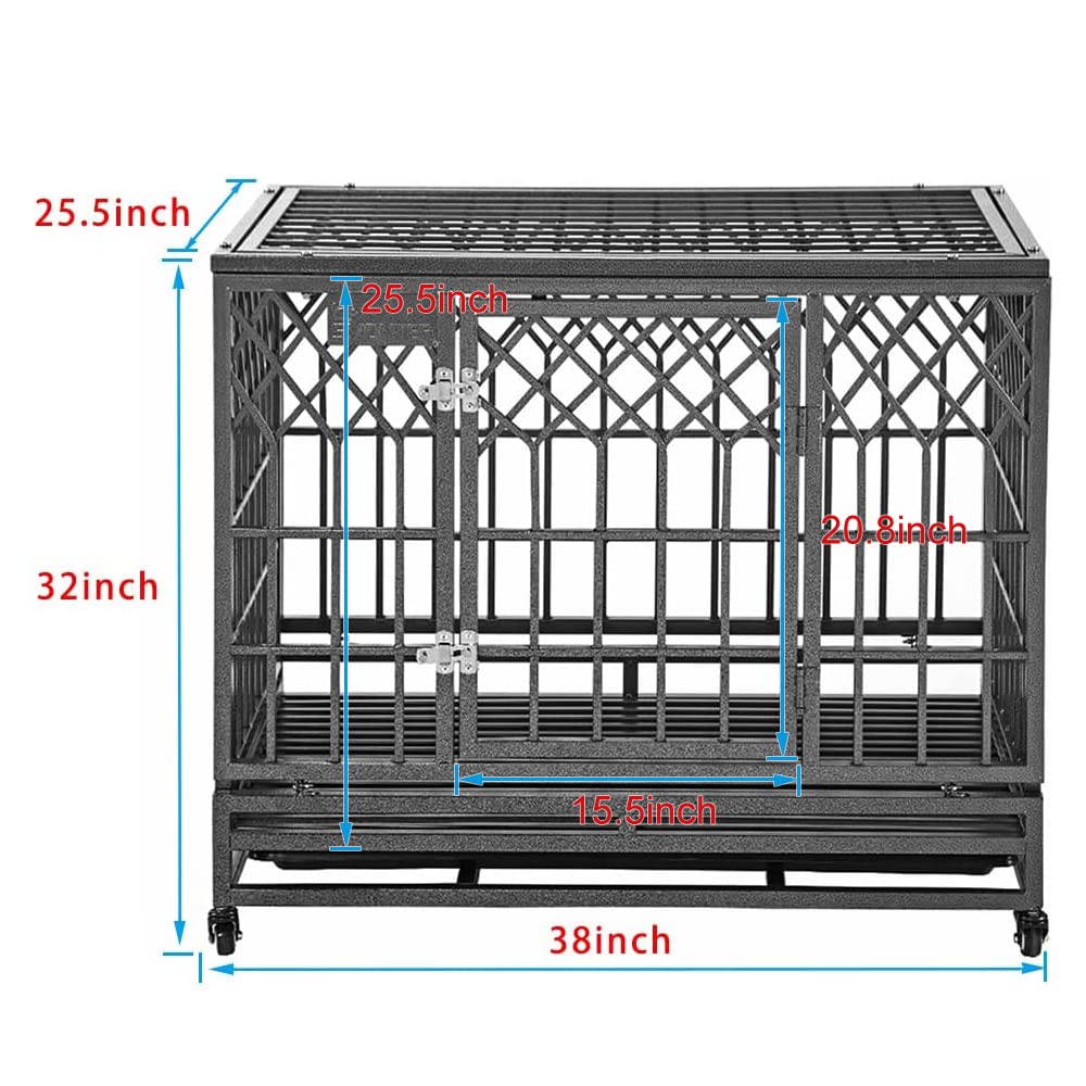 Smonter Heavy Duty Dog Cage For Large Dog Strong Metal Kennel And Crate Pet Playpen With Three Doors, Four Wheels,38 Inch,Y Shap