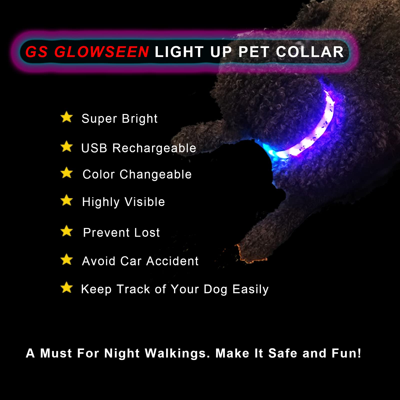 Led Dog Collar - Color Changeable Light Up Dog Collars Usb Rechargeable,15 Light Effects Glow In The Dark Collar Weatherproof Fi