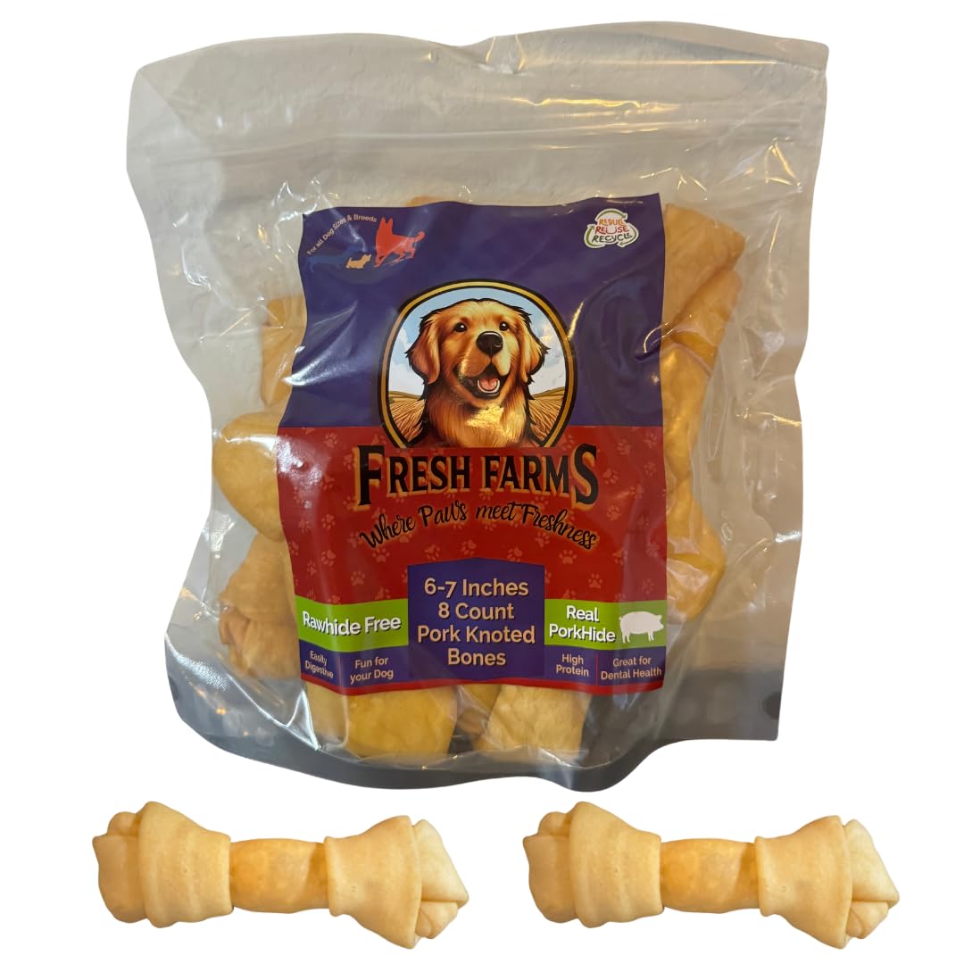 Fresh Farms 8 Pack 6-7    Pork Skin Knotted Bones Value Pack - Dog Chews for Medium and Large Dogs - Long Lasting, Highly Digest