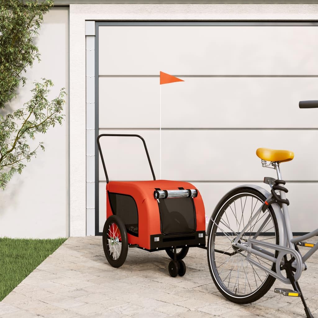 vidaXL Pet Bike Trailer - Orange & Black - Oxford Fabric, Iron Frame, 49.2" x 24.8" x 26" - Reflectors & Safety Flag - Multifunctional Carrier for Pets, Groceries, Camping