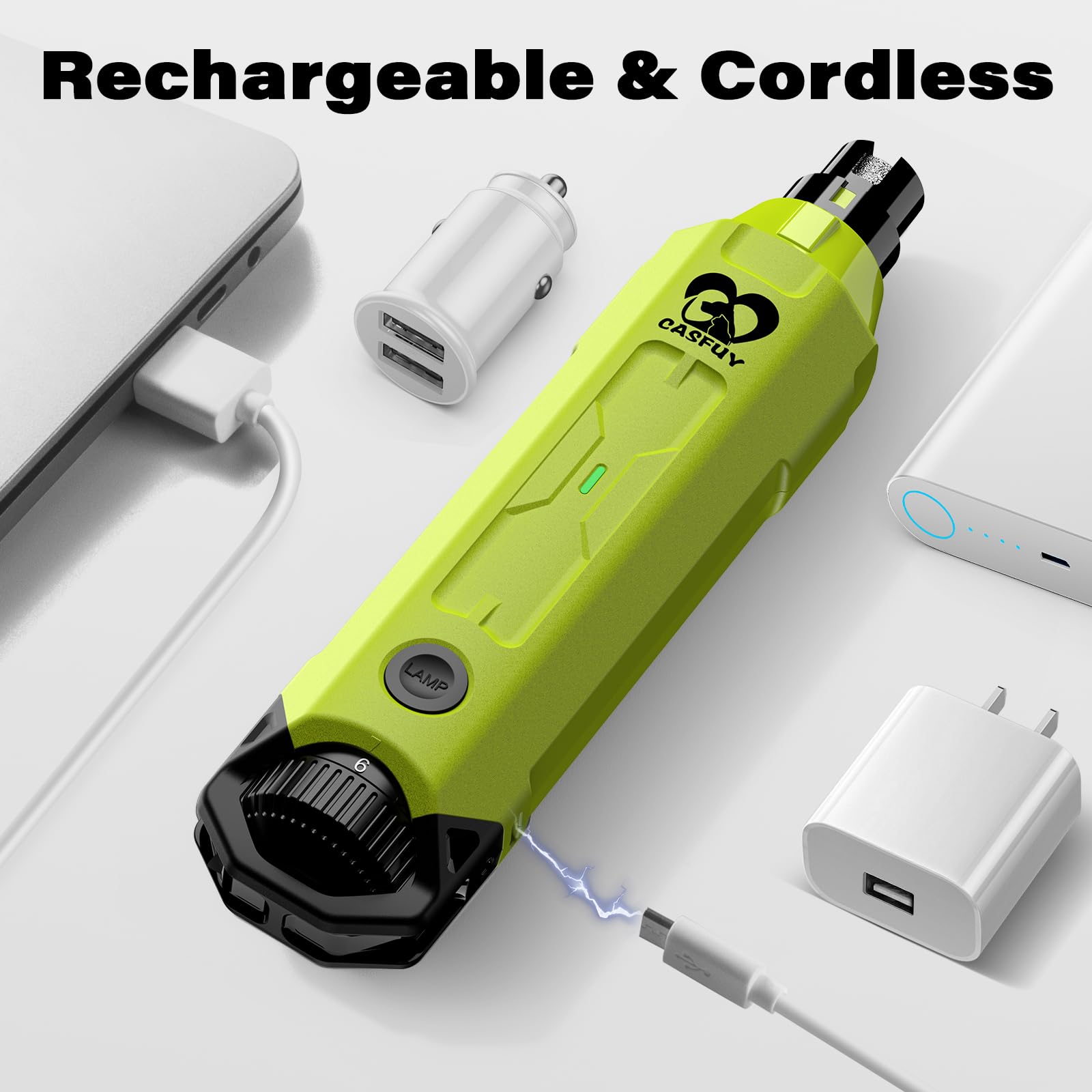 Casfuy 6-Speed Dog Nail Grinder - Super Quiet Rechargeable Trimmer for Large Medium Small Dogs - Green, Model N60