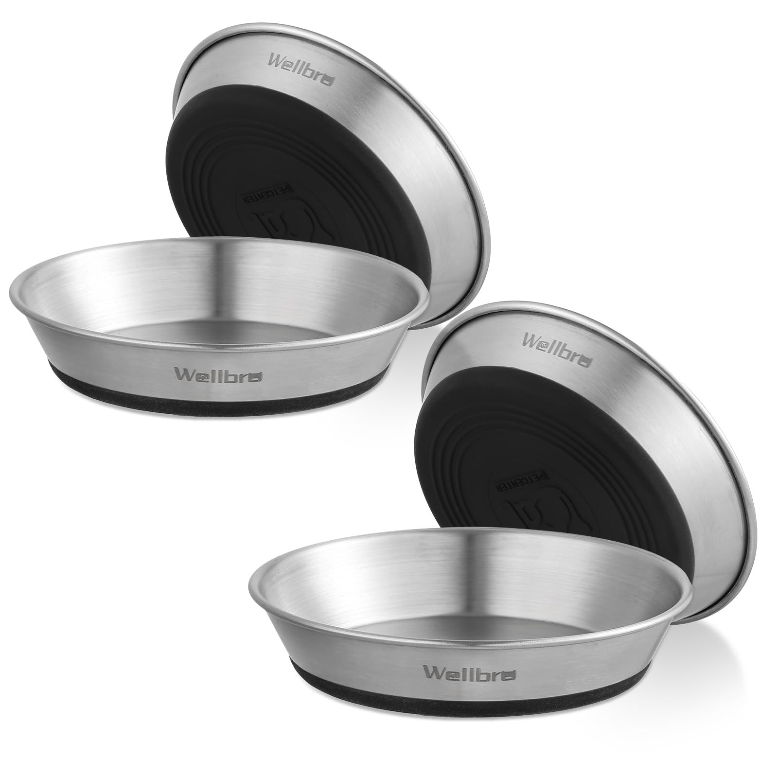 Wellbro Cat Bowls, 4 Pcs Stainless Steel Cat Bowls for Food and Water, Whisker Fatigue Shallow Non-Slip Cat Dishes Plates for Sm