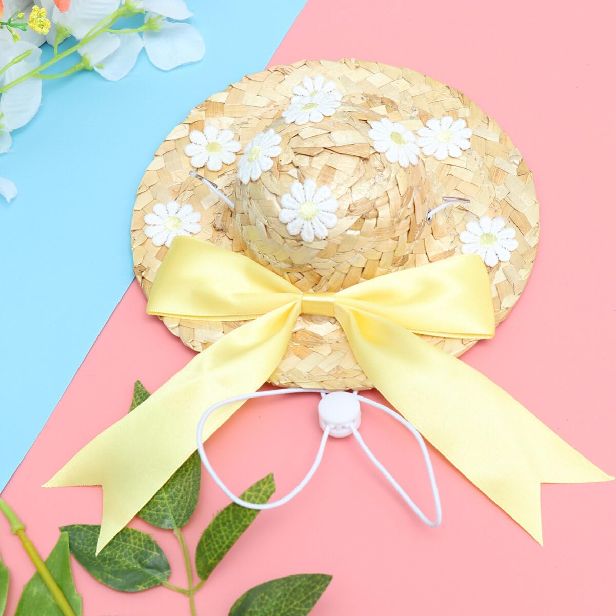 Iplusmile Summer Floral Straw Hat Pet Sun Cap Mini Dog Cat Handcrafted Cap For Small Dogs Puppy Cats (Yellow, Size L)