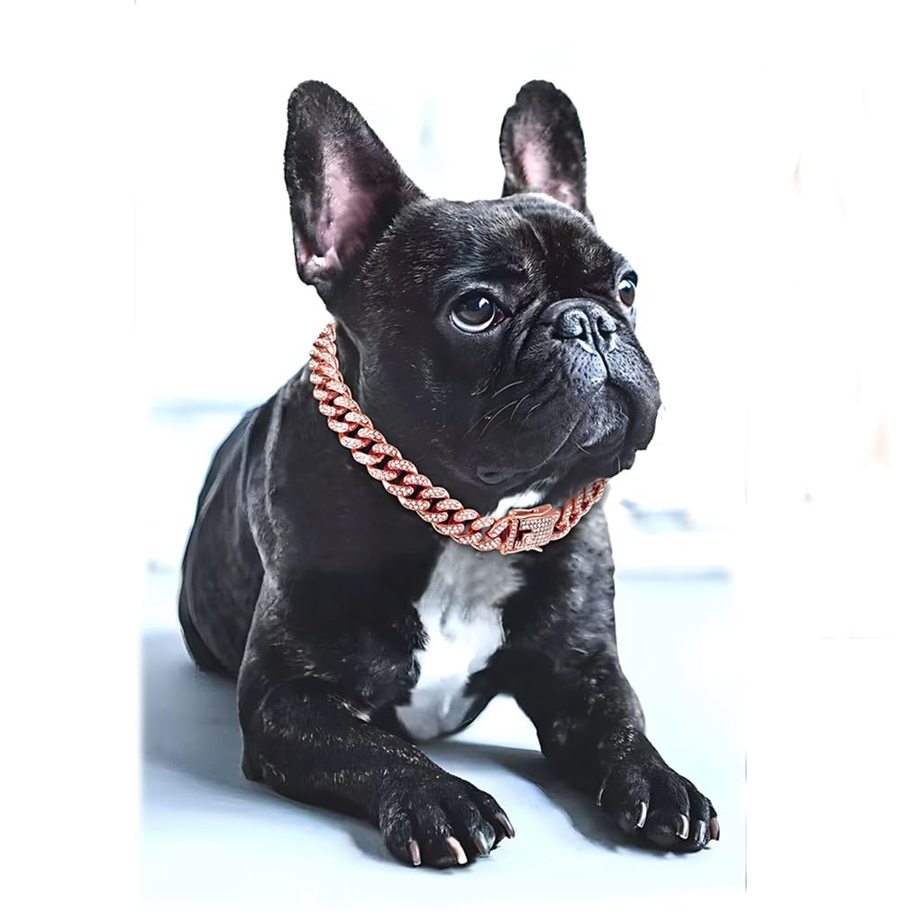 Rose Gold Chain Dog Collar,Dog Cuban Link Collar, Dog Necklace Diamond Metal Bling Choke Collar 13Mm Wide Pet Jewelry For Puppy