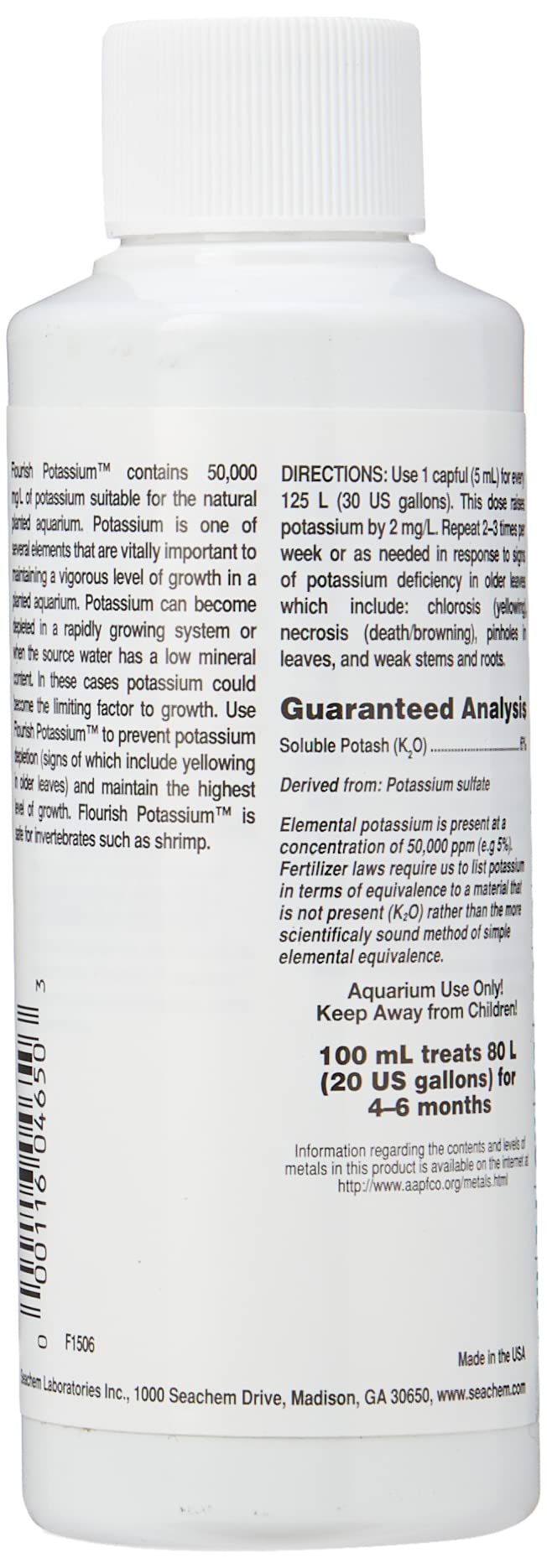 Seachem Flourish Potassium Liquid Fertilizer, 100 mL / 3.4 fl. oz., Clear, Model 465