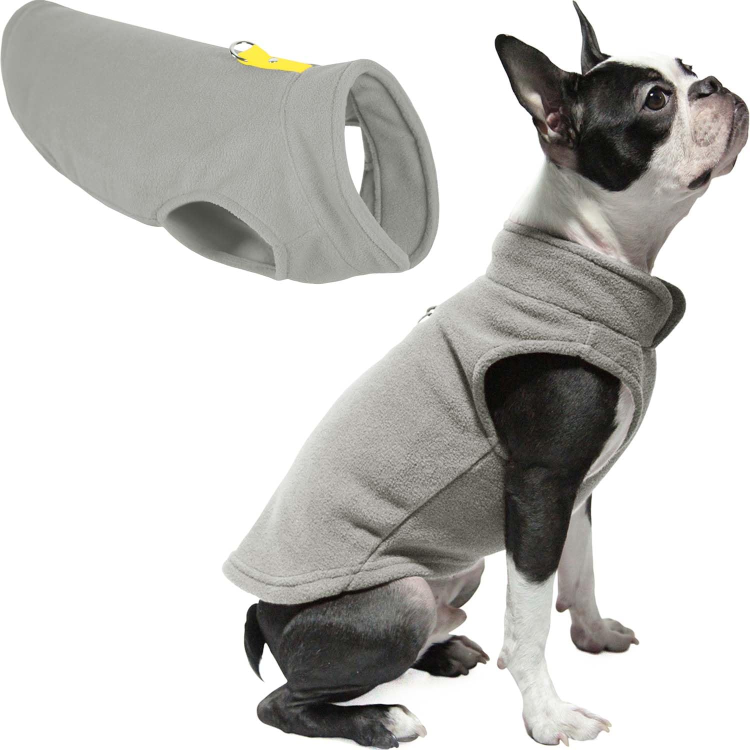 Gooby Fleece Vest Dog Sweater - Gray-Yellow, X-Small - Warm Pullover Fleece Dog Jacket With O-Ring Leash - Winter Small Dog Sweater Coat - Cold Weather Dog Clothes For Small Dogs Boy Or Girl