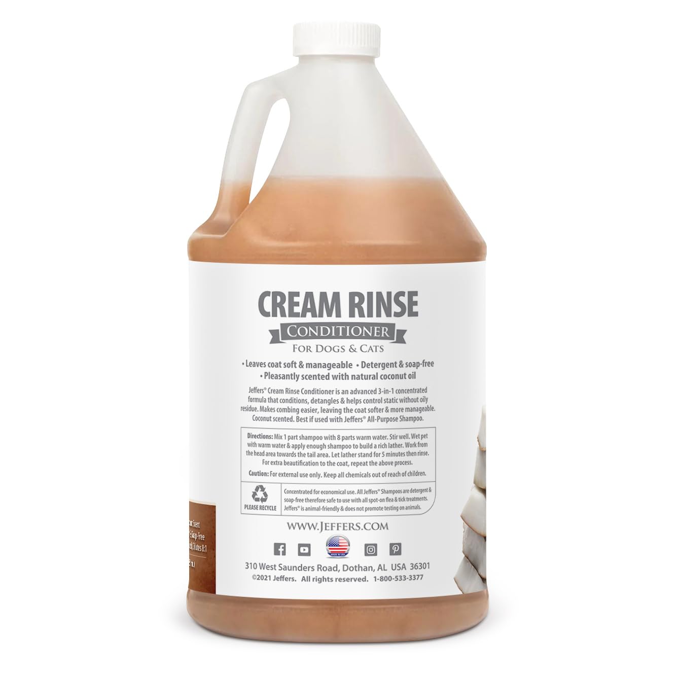 Jeffers Pet Cream Rinse 3 In 1 Conditioner - Moisturizing & Detangling Formula For Dogs & Cats, Coconut Oil Infused, Light Scent