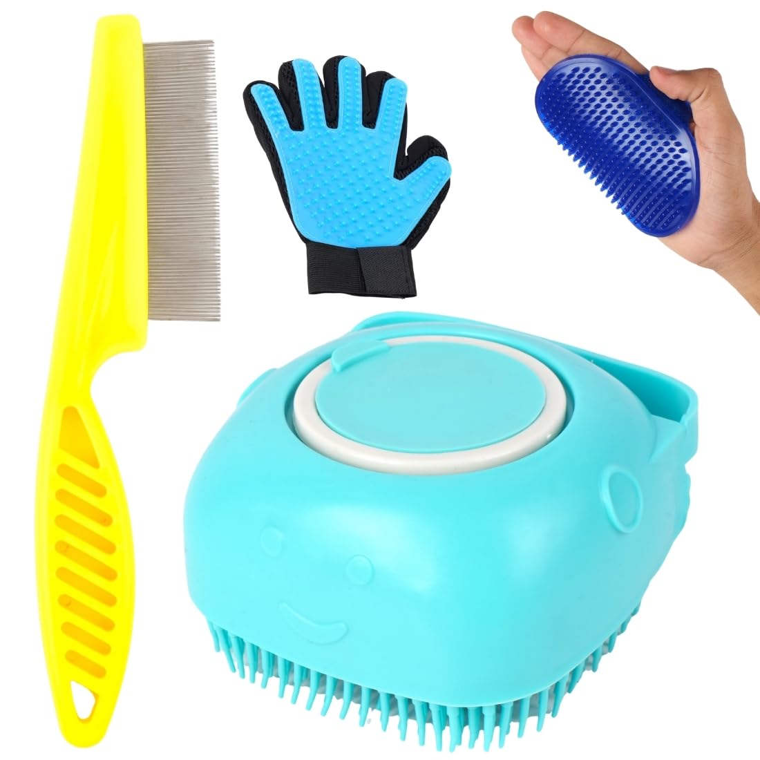 Pet Grooming Set With Silicone Brush, Deshedding Glove, Metal Comb, Blue And Yellow, For Dogs, Professional Cleaning Kit(Pack Of