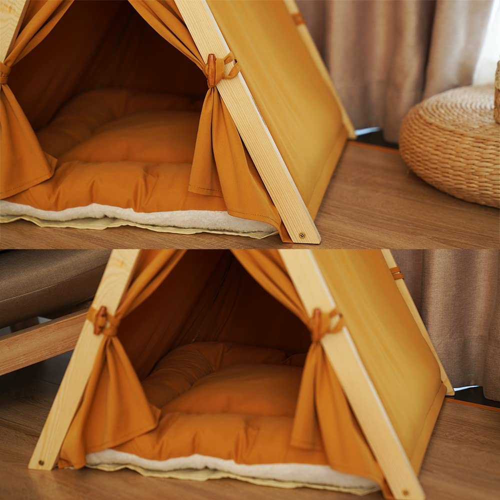 Solid Wood Cat Indoor Tent With Thick Mat,Portable Dog House Dog Teepee Tent,Cute Cat Teepee Cave Cat Bed,Dog Bed (Orange)