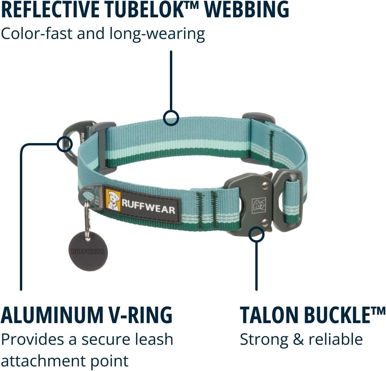 Ruffwear, Top Rope Dog Collar, Reflective Metal Buckle Dog Collar for Everyday Use, River Rock Green, 14-20