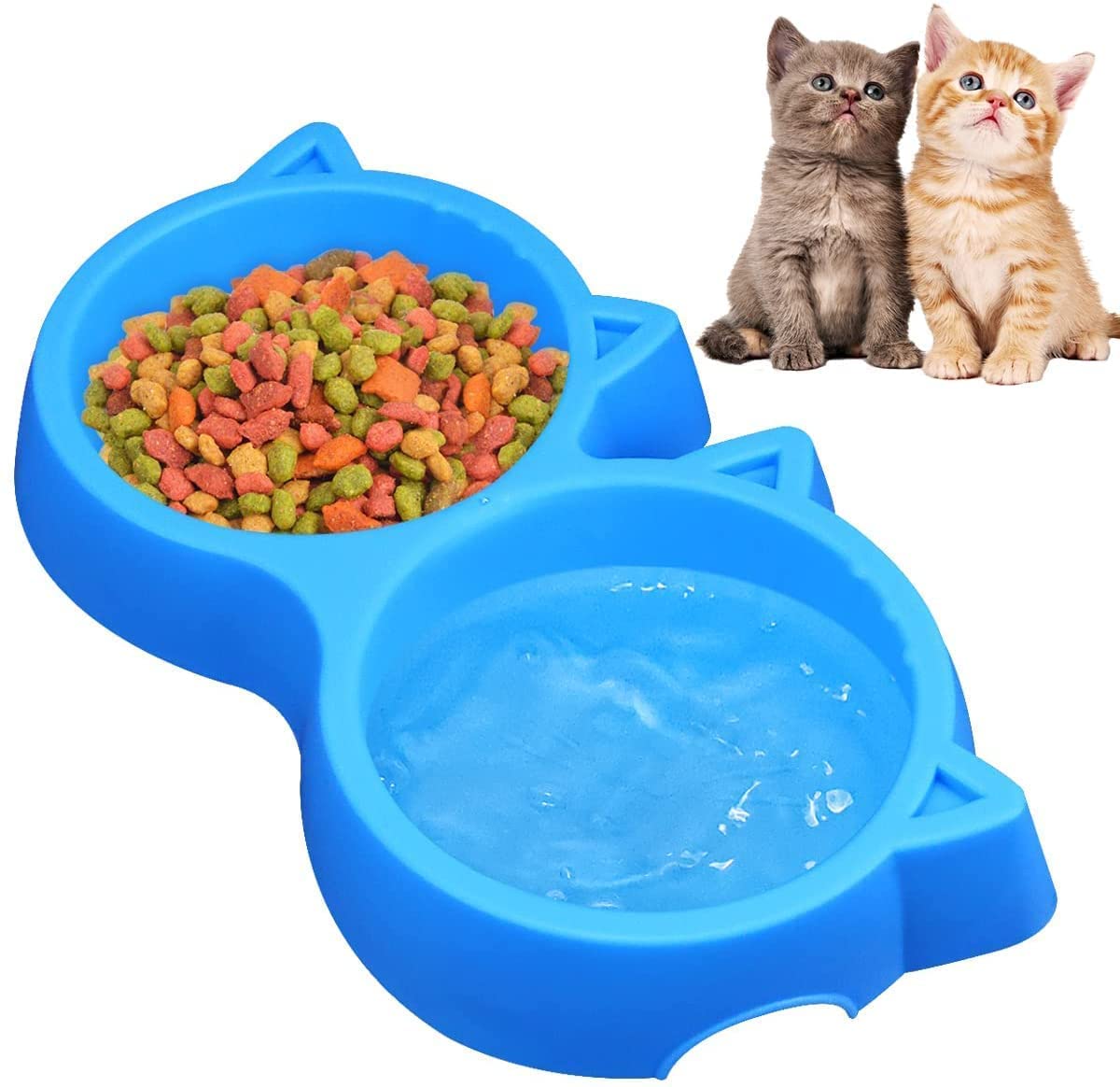 The Pets Company NonSlip Feeding Plastic Cat Face Shaped Double Bowl Food & Water Feeder 2In1 Bowl For Dogs, Puppies, Cats & 