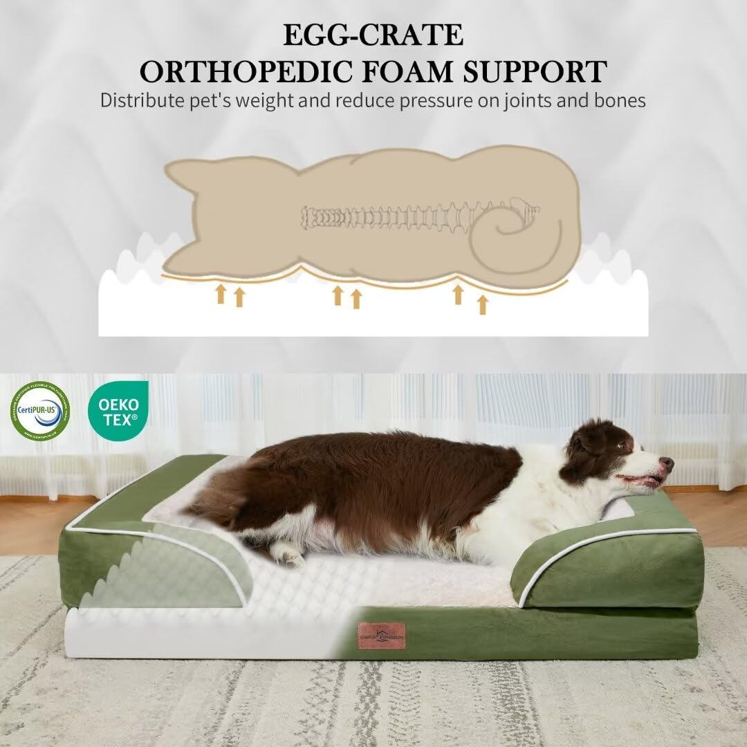 Comfort Expression Waterproof Dog Beds For Large Dogs, Orthopedic Large Breed Dog Beds, Comfy Pet Bed Sofa With Washable Removable Cover & Non-Slip Bottom(Large,Light Green)