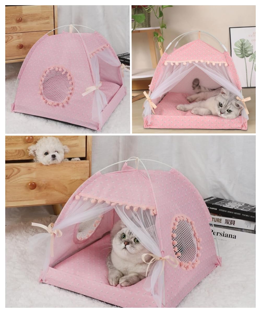 Cat Bed Tents Dog House Indoor Outdoor Lace Mesh Breathable Windows Door Curtains Removable Portable Nest Teepe House (Medium,Pi