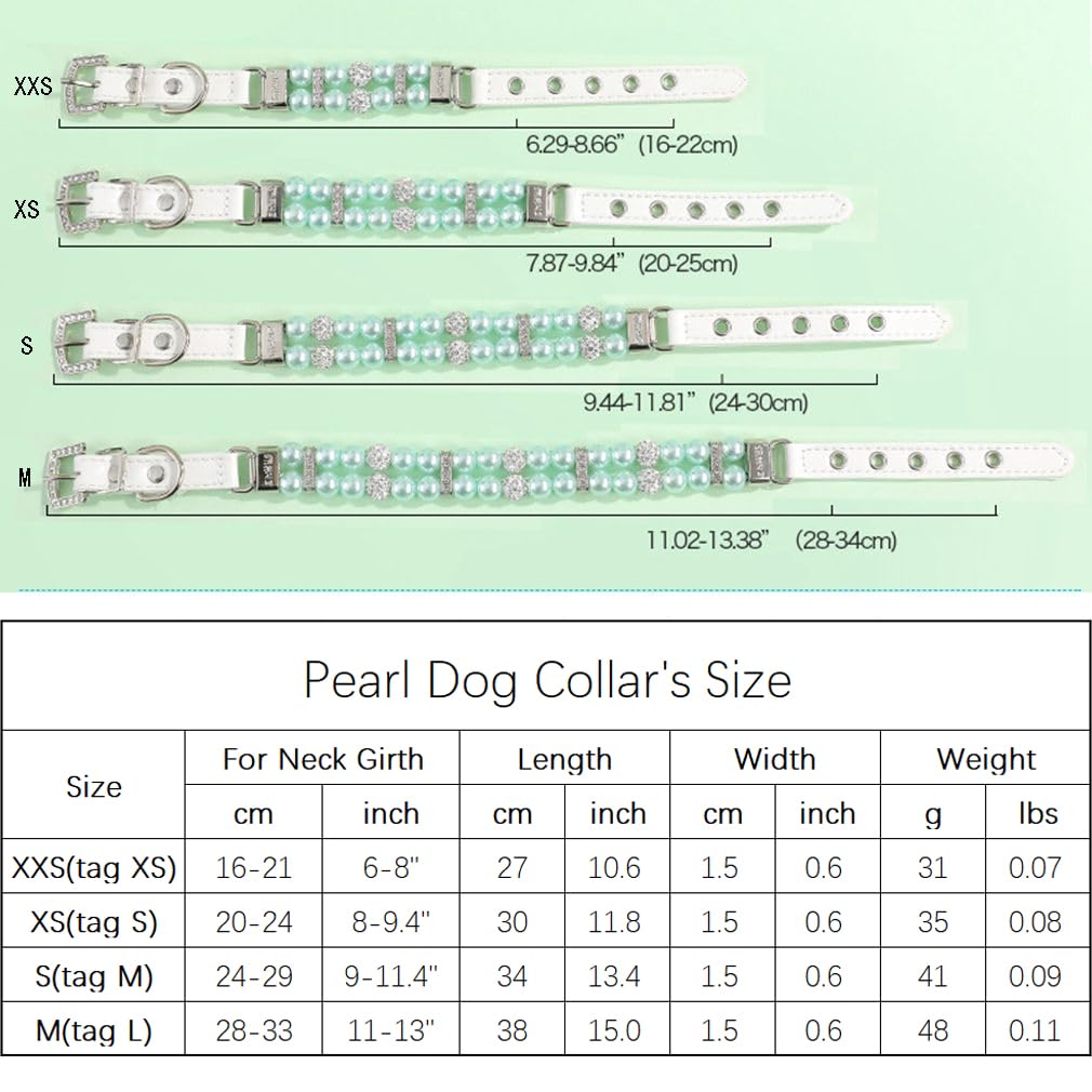 Green Pearl Collar For Dogs, Fancy Crystal Bling Pearl Dog Collar Rhinestone Luxury Beaded Puppy Necklace Diamond Girl Pet Jewel