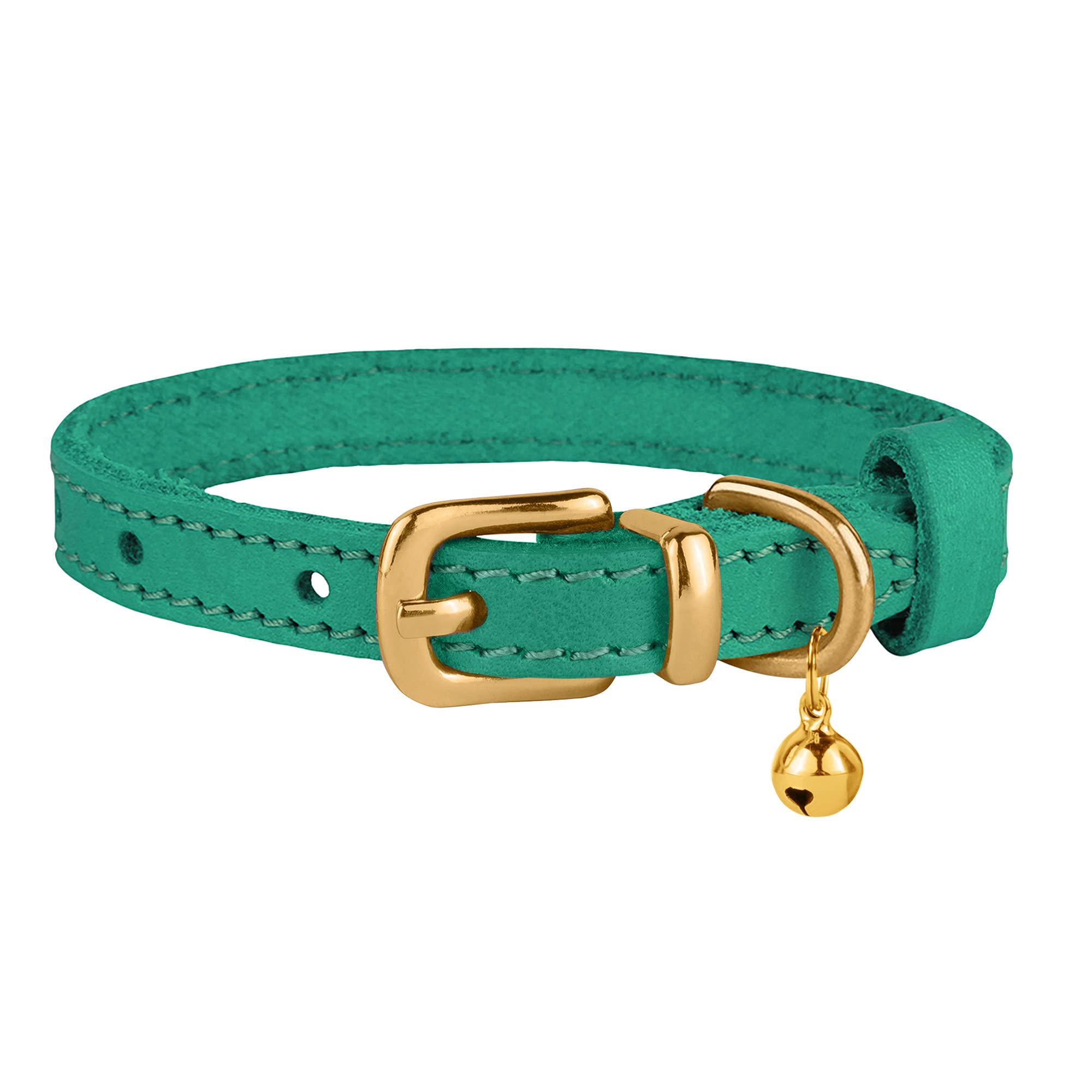 Bronzedog Leather Cat Collar With Bell Non Breakaway Kitten Qr Tag For Girl Boy (7'' - 9'' For Cats, Green & Gold)