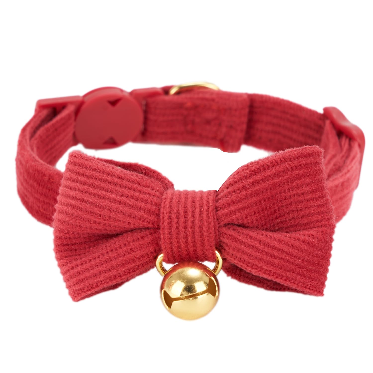 Petiry Soft Corduroy Cat Collar, Plaid Pattern, With Bell And Bowtie, Safety Breakaway Clasp, Adjustable For Kitten And Cats Red