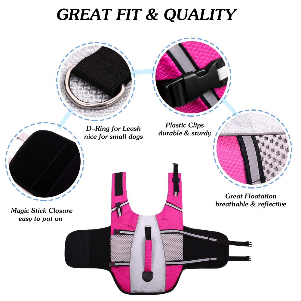 Dog Life Jacket Swimming Vest Lightweight High Reflective Pet Lifesaver With Lift Handle, Leash Ring Pink,Xs