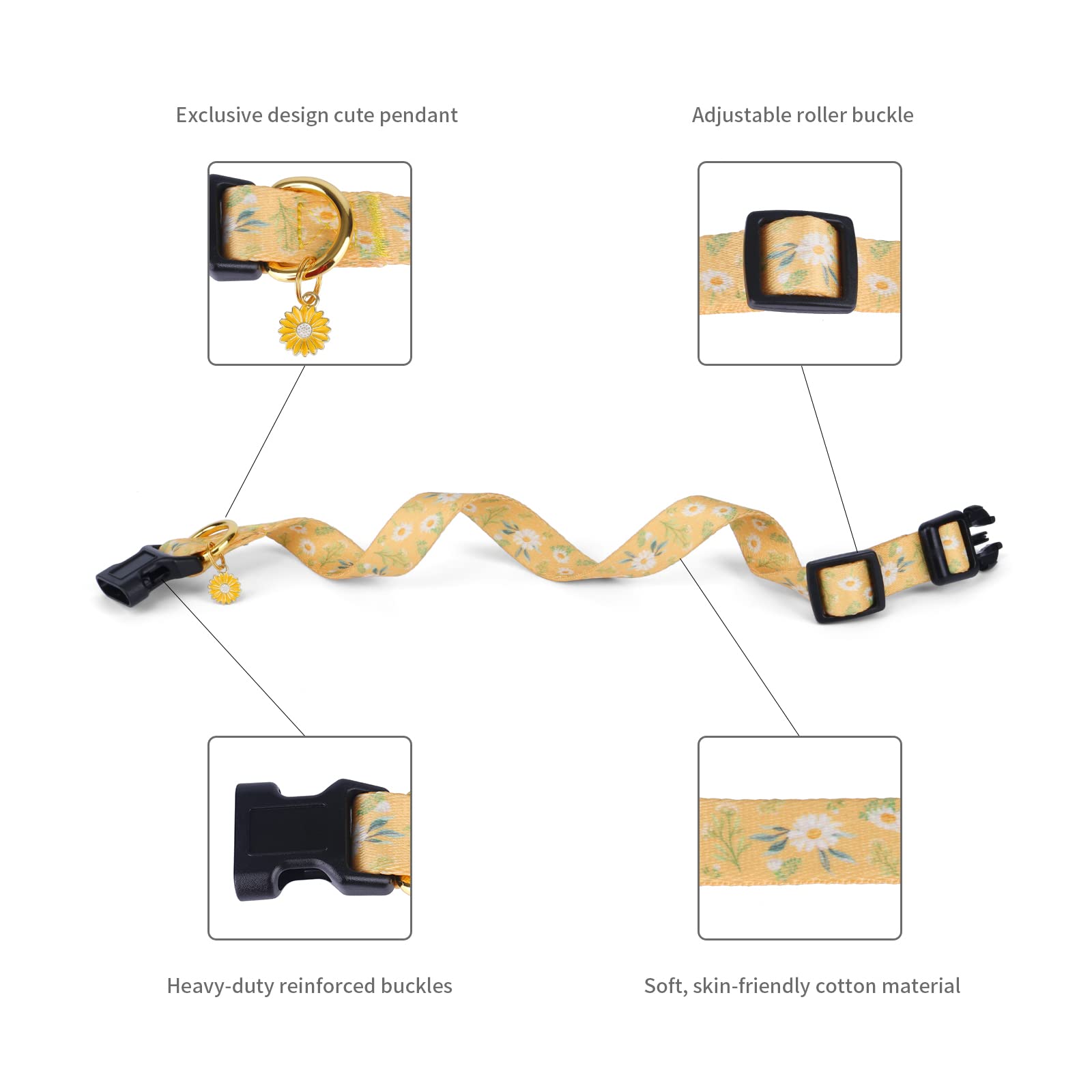 Cotton Handmade Dog Collar For Small Medium Large Dogs,Yellow Daisy With Pendant Cute Dog Collars,Ideal For Girl Dogs Boy Dogs (