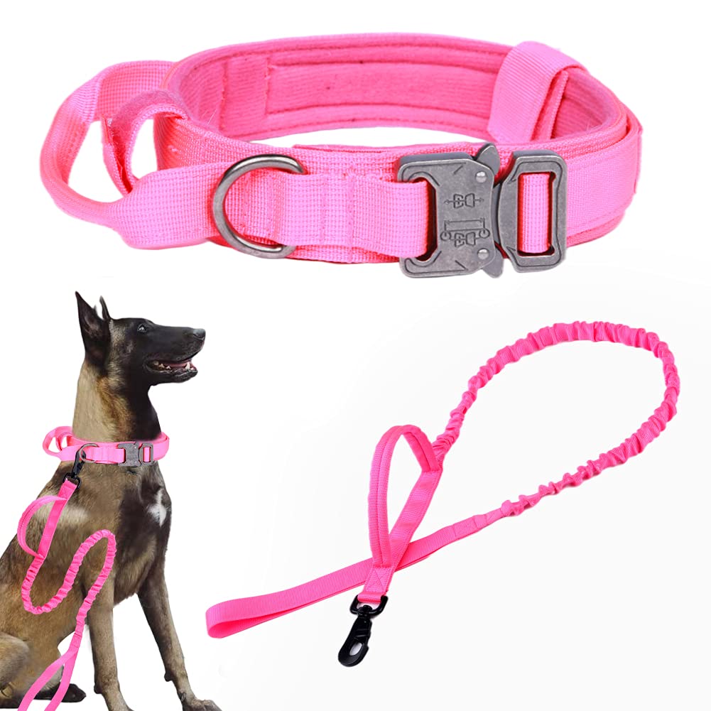 Tactical Dog Collar And Leash Set Tactical Dog Collar With Handle Bungee Leash Adjustable Military Training Nylon Collar Dog Training Collar Leash Set With Control Handleand Metal Buckle(Pink M