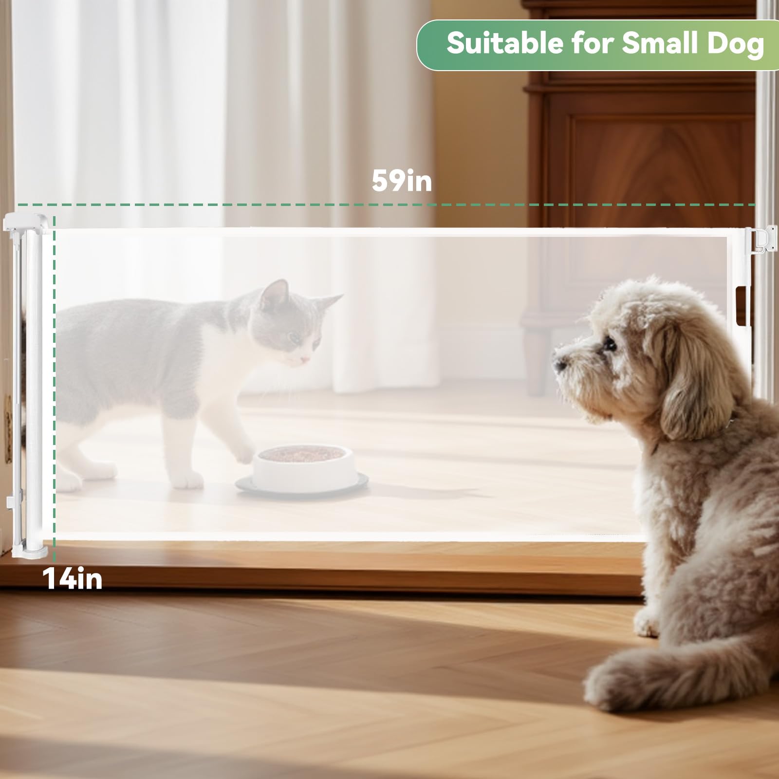 Crazydeer 14'' Tall Short Dog Gate to Step Over, Retractable Mesh Pet Door for Small Puppy, Extended up to 59'' Wide for Indoor