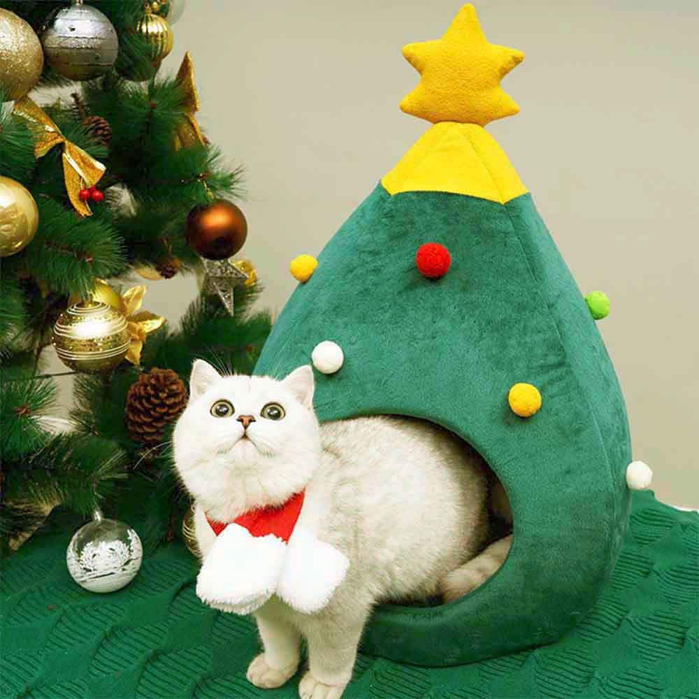Christmas Cat Beds, Christmas Tree Cat Beds House, Portable Indoor Cat Igloo Xmas Bed Cave for Small Dogs and Small Animals, Gre
