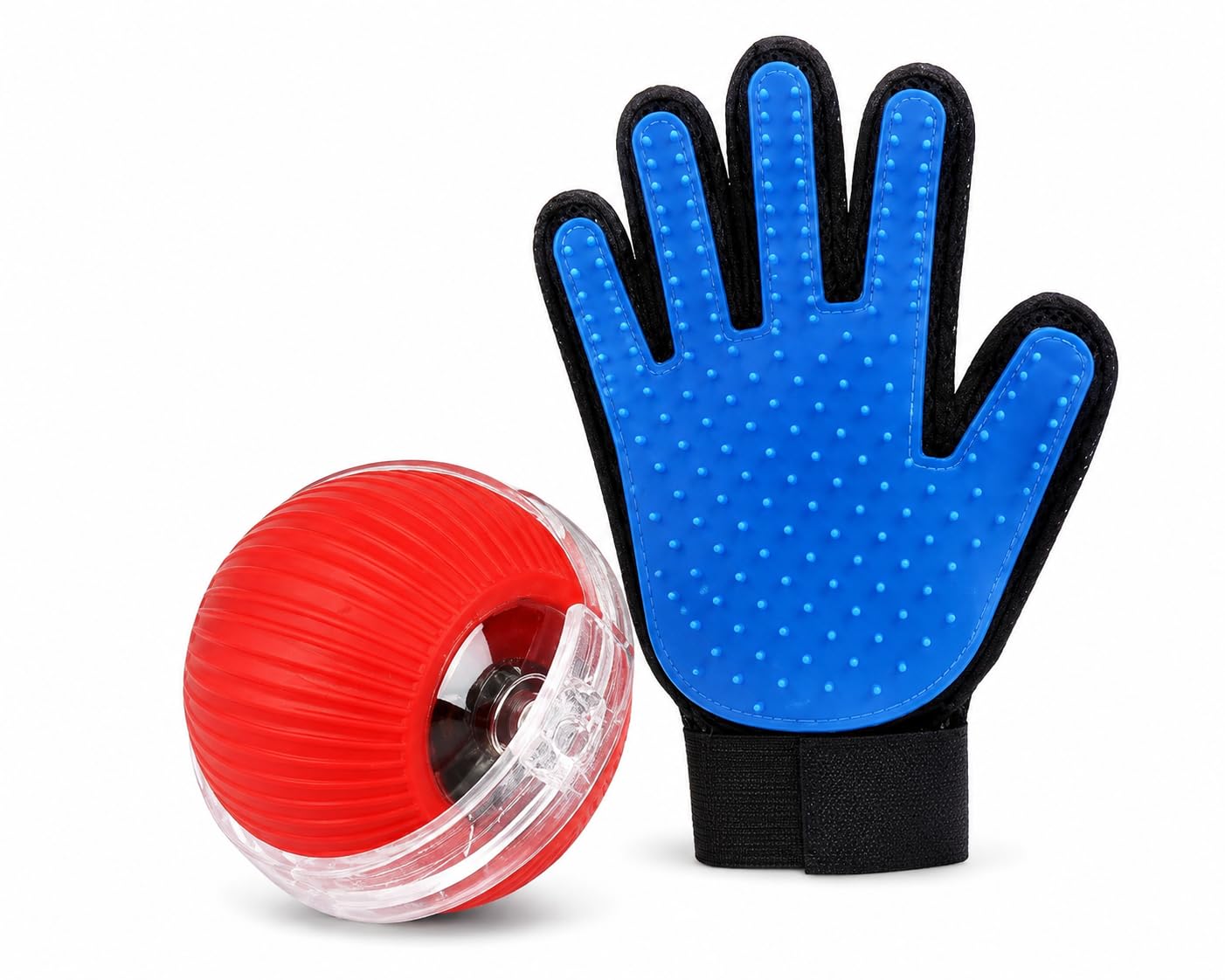 Pawmino Blue Pet Grooming Gloves & Red Ball Toy Combo For Dogs And Cats | Plastic & Silicone