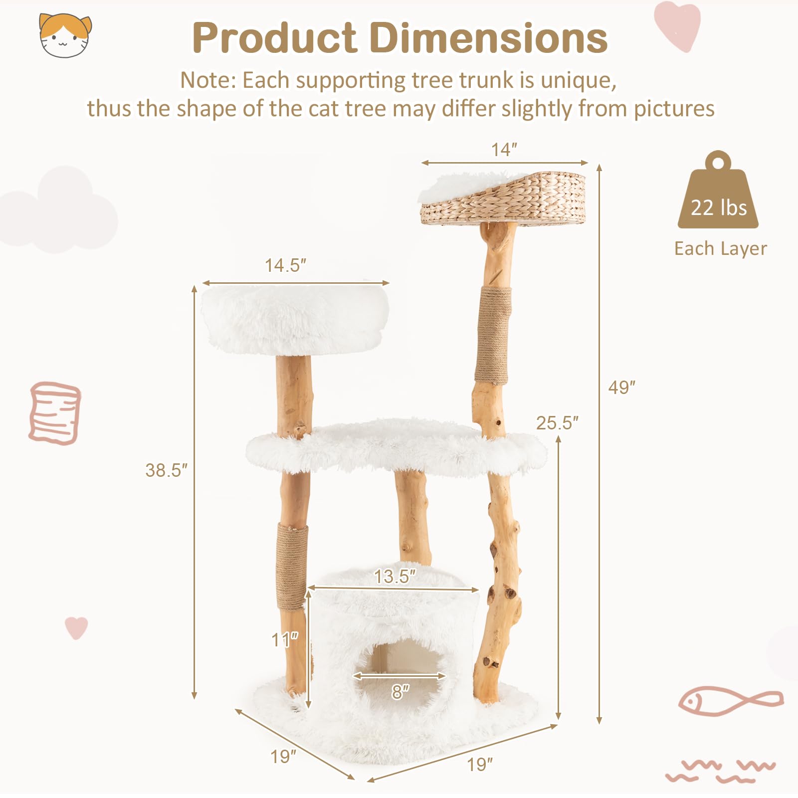 Petsite 49 Inch Cat Tree For Indoor Cats, Solid Wood Modern Multi-Level Cat Tower With Scratching Posts, Top Cattail Basket Cat Bed, Side Perch, Large Platform, And Cat Condo, Cute White Cat Tree
