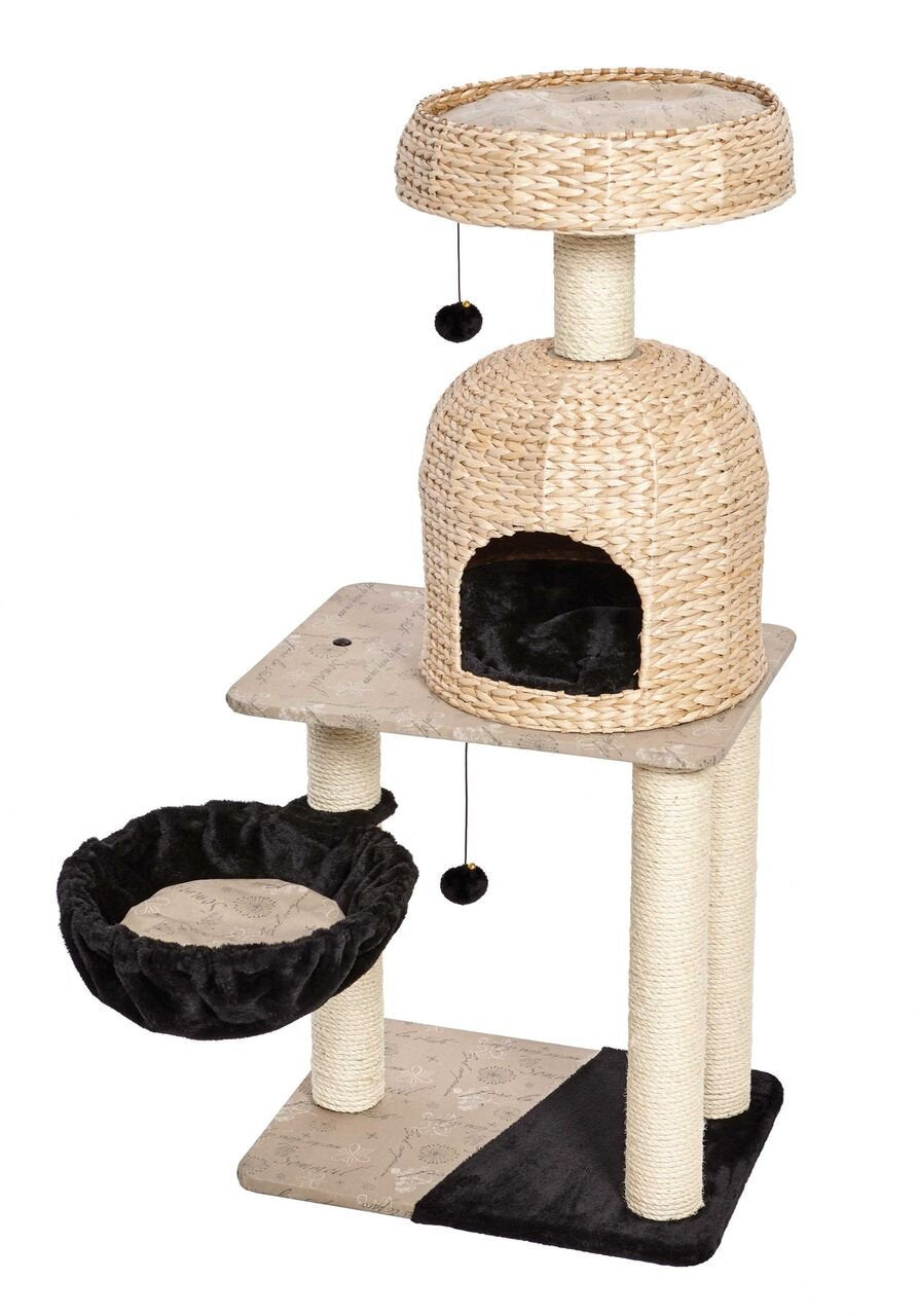 Midwest Homes For Pets Cat Tree | Reid Cat Furniture, 3-Tier Cat Activity Tree W/ Sisal Wrapped Support Scratching Posts & Dangle Play Balls, Woven Rattan & Script Medium Cat Tree