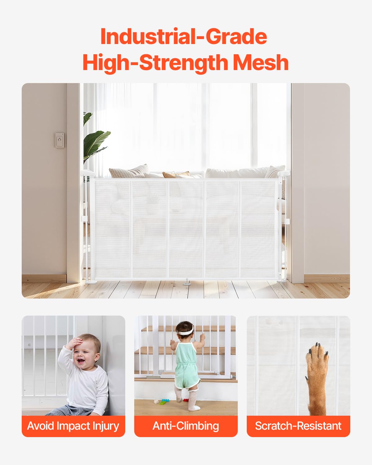 VEVOR Retractable Baby Gate, 34 inch Tall, Extends up to 55 inch Wide, Retractable Gate for Kids or Pets, Mesh Material, Easy to