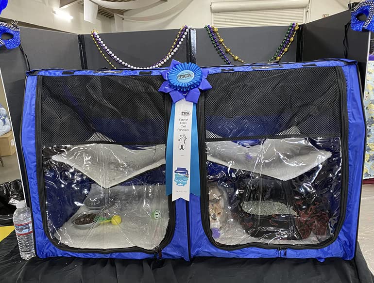HandinHandCreations Portable Cat Show House - Blue Plastic Double Crate with Soft Mats for Home or Travel