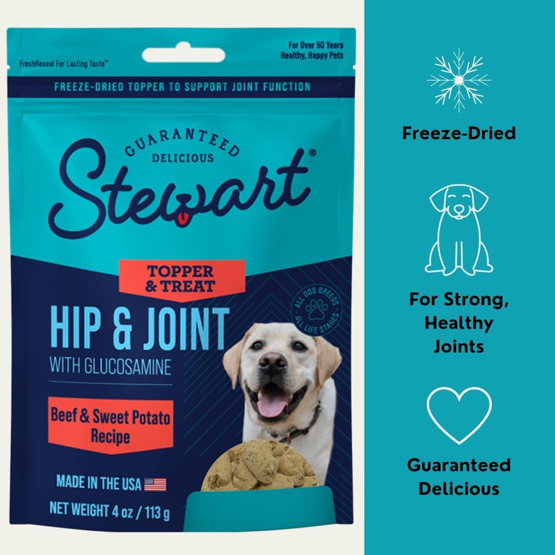 Stewart Freeze Dried Dog Food Topper, Hip and Joint, Beef and Sweet Potato Recipe, 8 Ounce Pouch, Glucosamine for Healthy Joints